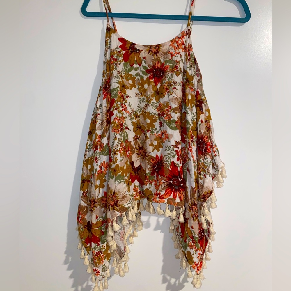 Floral Spaghetti Strap Top with Tassels